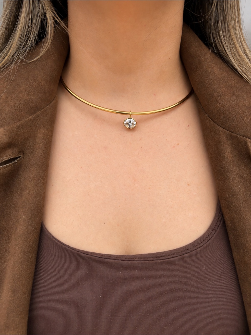 Gold Choker Necklace With Clear Crystal Pendant